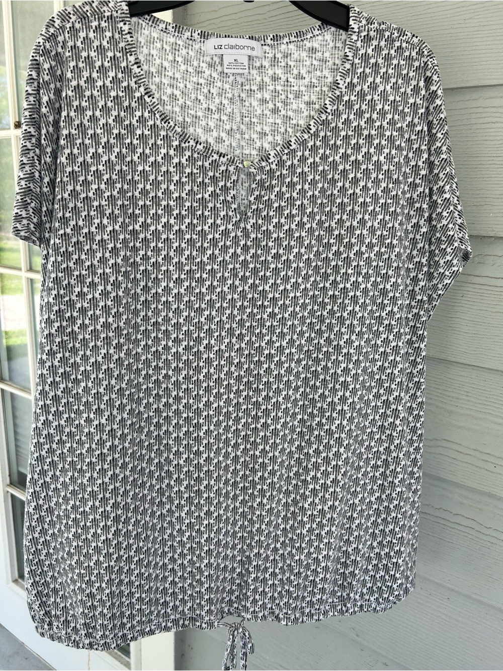 Liz Claiborne XL Cotton Blend Top Black White Abstract Drawstring Casual Boho